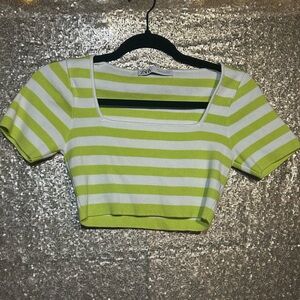 ZARA Striped Knit Crop Top - Size S - Lime Green & White